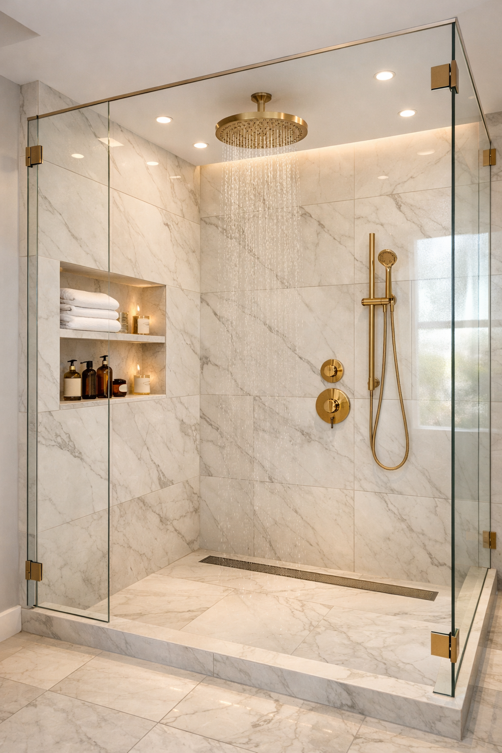 Luxury hotel bathroom with durable multi-function shower panel system for frequent guest use