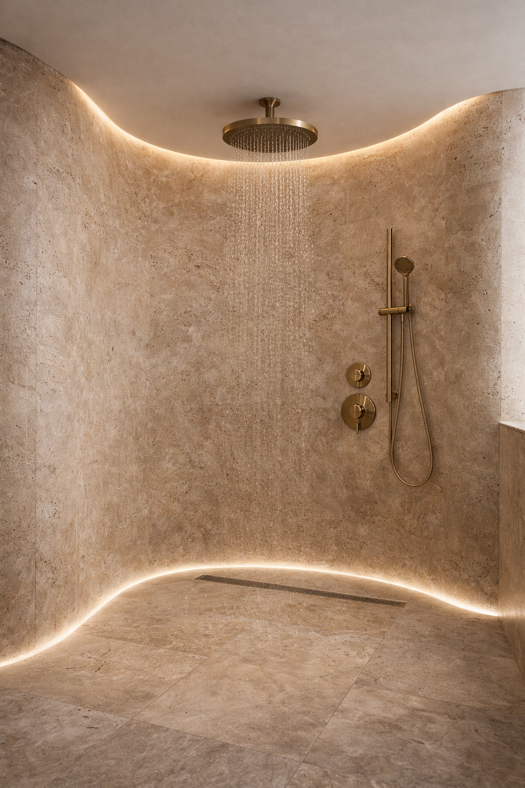 Commercial shower installation featuring integrated shower panel with overhead and handheld functions